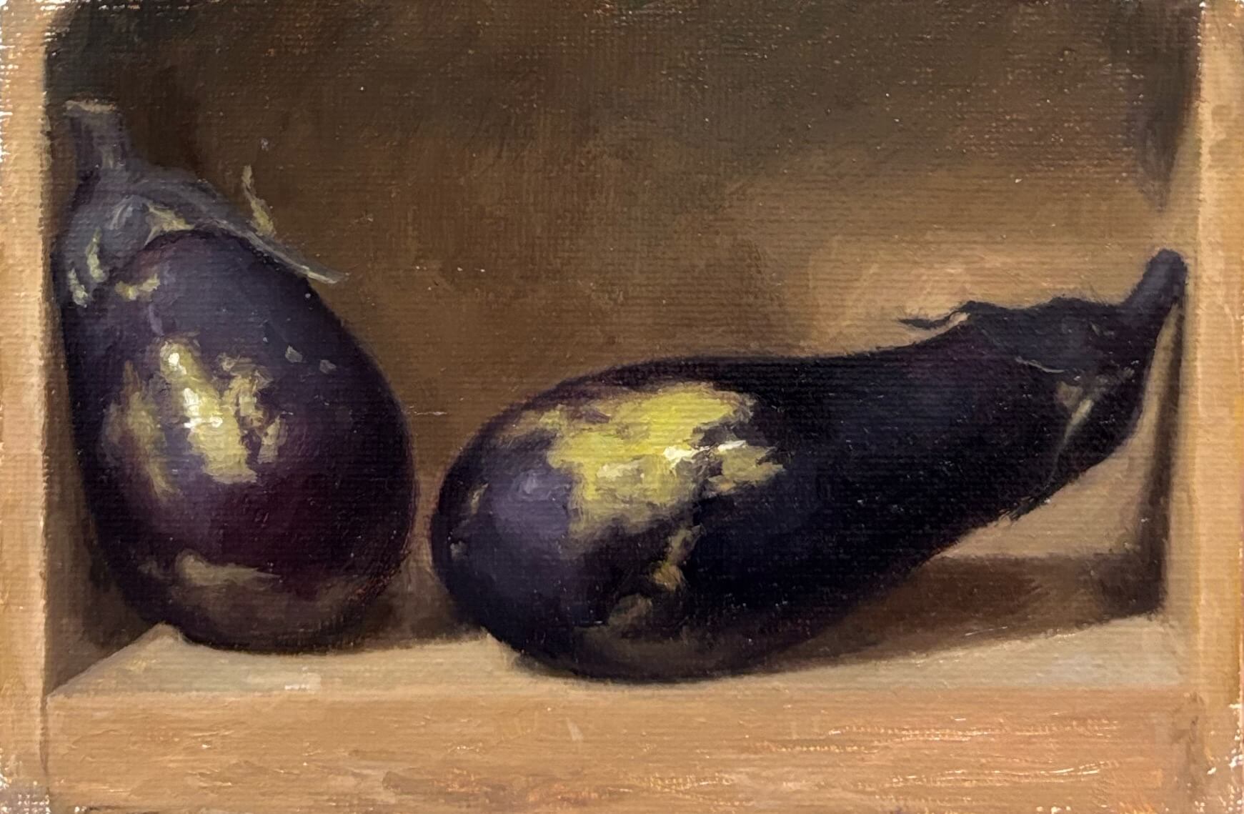 なすびの油彩スケッチ / Oil Sketch of Eggplants / 2026 / キャンバスボードに油彩 / 10.0×15.0cm